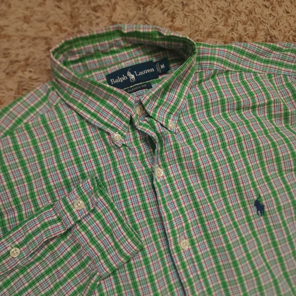 Ralph Lauren Button Down Shirt Mens M Green Plaid Classic Fit Long Sleeve Cotton